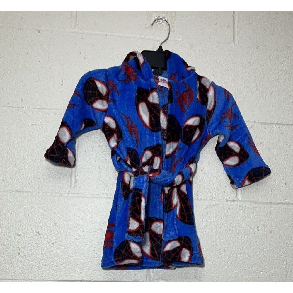 Marvel Spiderman Kids Robe XXS 2T Blue Red Fleece Belted Hooded Soft NWT